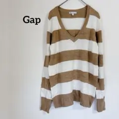 Gap ギャップ ベージュと白のストライプ Vネック セーター S