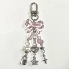 ビーズキーホルダー チャーム リボン ハート 星 ピンク シルバー 韓国 Y2K