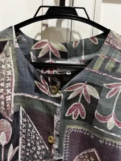 古着　トップス　シャツ　抽象　花柄　パープル　グリーン　M 半袖