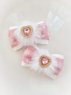 キッズ　ヘアゴム　リボン　リボンゴム　ハンドメイド　結晶　冬　ファー