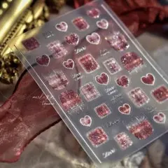 ネイルシール　立体　3D ツイード　レッド　ハート　パール　MS906
