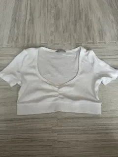 ZARA 白 Vネック クロップドTシャツ M