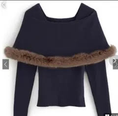 ネイビー ファー付きケープ風ニットトップス[an1344]新品未使用タグ付き