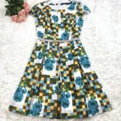 【38】エムズグレーシー 膝丈ワンピース 薔薇柄 ブロックチェック