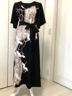 黒留袖 Aライン　ドレス　7分袖　扇柄和風　ロングワンピース　120㎝