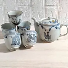 有田焼　急須　ポット　湯呑5客　異人画　染付　未使用品