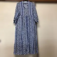 ネイビーとホワイトの七分袖ロング丈ワンピースＬ