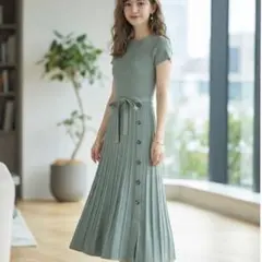 【新品・タグ付】リランドチュール 華やかニットワンピ＊大人可愛いグリーン