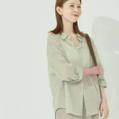 【コカ】ガーゼシャツ ブラウス 長袖 ゆったり 綿100% M ライトグリーン