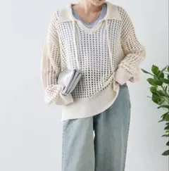【美品】CIAOPANIC TYPY メッシュ襟付きスキッパーニット 白のサムネイル