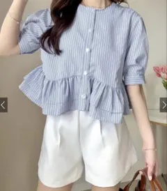 GRL ストライプ柄タックスリーブフリルブラウス[hr28]のサムネイル