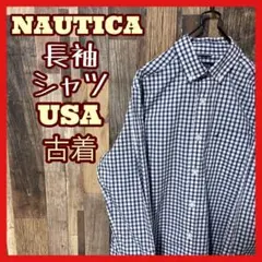 ノーティカ ボタンダウン メンズ チェック ブルー S シャツ USA古着 長袖