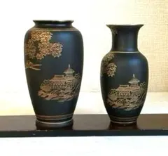 艶消金彩花瓶　二点組　黒花瓶　日本画　もみじ　富士　広口　細口　花瓶　置物　盛花