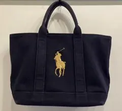 ポロラルフローレン ビッグポニートートバッグ 黒 ×ゴールド ゴルフカート