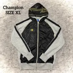 Y2K 00s Champion 総柄切替 刺繍フード パーカー XL