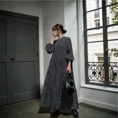 レトロ　水玉　ワンピース　ぽわん袖　体型カバー　ゆったり　ロング　黒　大きめ