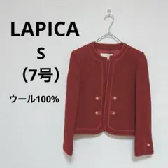 【ウール100%】LAPICA 金ボタン ノーカラー ツイードジャケット 赤