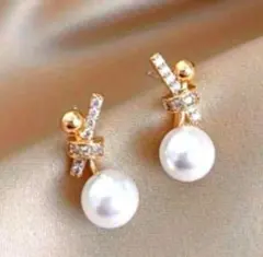 ピアス k18コーティング ダイヤモンド cz ゴールド パール 揺れる 可愛い