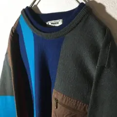 【個性派古着】日本製　デザインセーター　太ストライプ　メンズＬ　マルチカラー