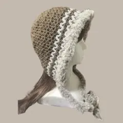 ハンドメイド　ボンネット　バラクラバ　耳当て付きニット帽　茶色　グレー　ファー