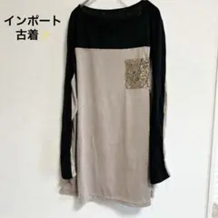 バイカラー長袖チュニック 黒とベージュ スパンコールポケット付き