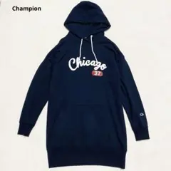 チャンピオン パーカーワンピース M 紺 ロゴ刺繍　　コットン混　体型カバー　✨