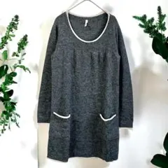 グレー ポケット付き 長袖ニットセーター