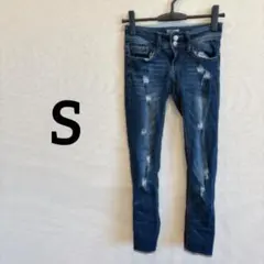 美品✨【S】ダメージ加工ダークブルースキニーデニム ブルー　無地　カジュアル