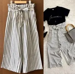 美品 リボンベルト付き ストライプ柄 クロップド ワイドパンツ 白 春夏物