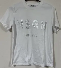 MSGM ホワイト Tシャツ プリント　シルバー　グリッターロゴ　ブラッシュロゴのサムネイル