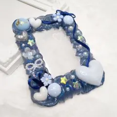 高透明ホイップデコ♡ 青ブルーリボン×ハート 推し活 B8トレカケース硬質ケース