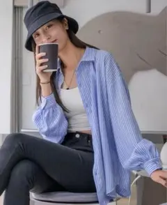 DAZY ストライプ ドロップショルダー シャツ SHEIN L
