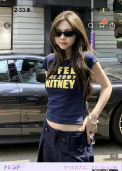 SHEIN レター プリント ラウンドネック 半袖 Tシャツ ネイビーブルー