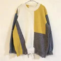 パンプキンポート パッチワーク風 ニット デニム切替 M ダメージ加工