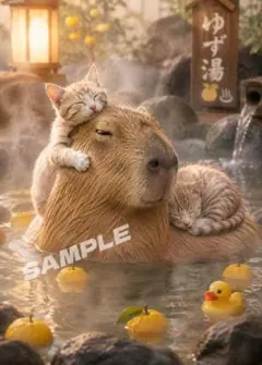 【2枚1000円】猫アート｜カピバラさんに甘える子猫たち♪ゆず湯 2L