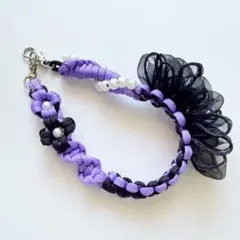 パラコード スマホハンドストラップ パープル×ブラック フリル チュールリボン