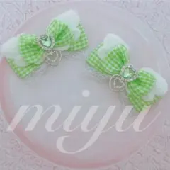 ヘアクリップ（ふわふわ天使໒꒱⋆゜ダブルチャーム）　ロリィタ　黄緑　推し活