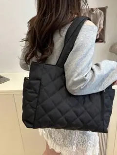 【新品】ブラック　キルティング　トートバッグ　A4収納　大容量　マザーズバッグ