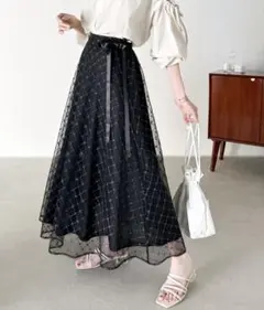 【mily bilet】花柄ラメチュールリボン使いフレアスカート