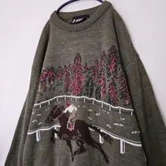 デザインニット　ヴィンテージ　馬　ジョッキー　　乗馬　騎手　ウール　英国製　総柄