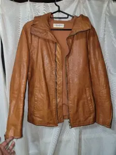 VANQUISH フード付きブラウンレザーライダース