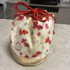 金魚のプリント和装用バッグ　巾着