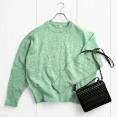 長袖セーター M 毛混入 ミントグリーン クルーネック ニット c2081
