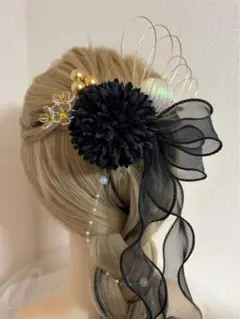 【成人式・卒業式・七五三に】ポンポンマムとリボンと水引の髪飾り