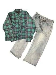 【古着】グリーン ブラック チェック柄 長袖ネルシャツ Mサイズ