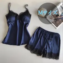 ベビードールショートパンツランジェリーサテンセクシー下着セット　ブルー　Mのサムネイル