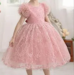 【発表会・結婚式ドレス110サイズ】ピンク 花柄刺繍ドレス フリル付き