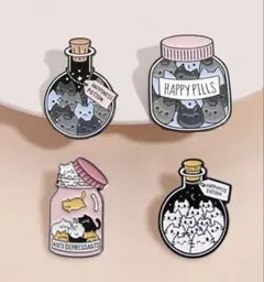 【新品】猫モチーフ ピンバッジ 4点セット 瓶デザイン かわいい