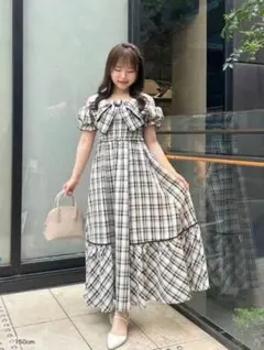 極美品An MILLE ビッグリボンオフショルワンピース チェック シャーリング 極美品An MILLE ビッグリボンオフショルワンピース チェック