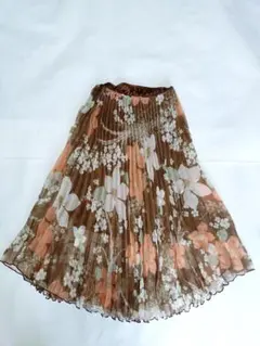花柄プリーツスカート ひざ下丈 ブラウン系